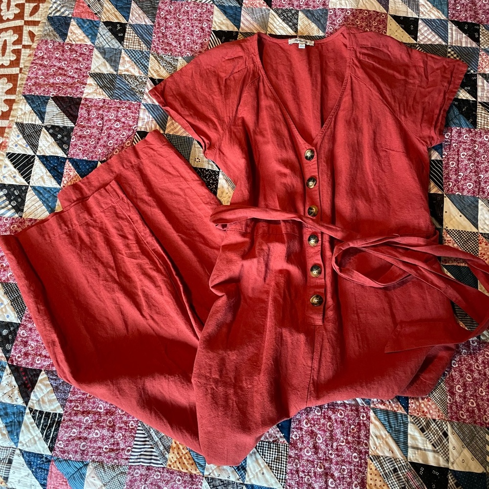 Madewell Red Linen Cotton Jumpsuit Romper Natural Fibers